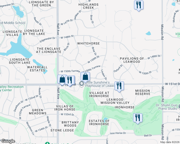 map of restaurants, bars, coffee shops, grocery stores, and more near 5188 West 150th Place in Overland Park