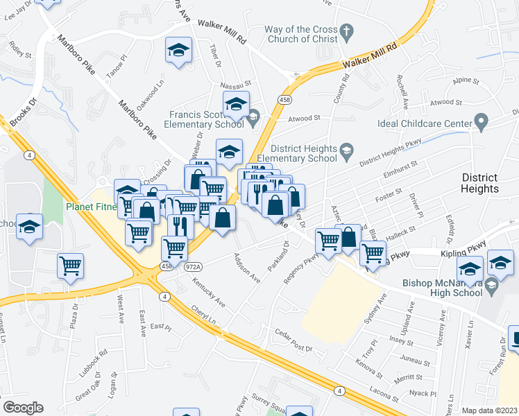 map of restaurants, bars, coffee shops, grocery stores, and more near 6043 Marlboro Pike in District Heights
