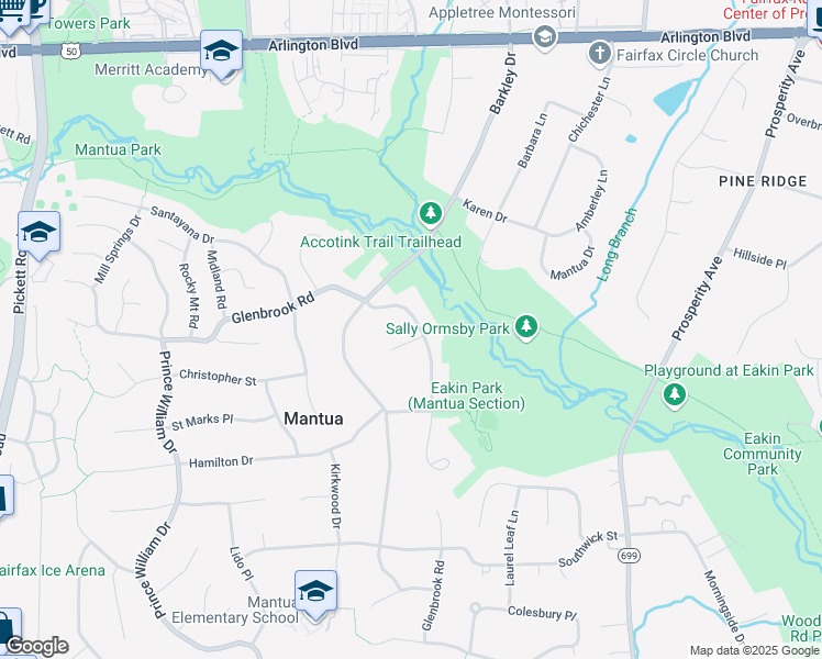 map of restaurants, bars, coffee shops, grocery stores, and more near 9001 Glenbrook Road in Fairfax
