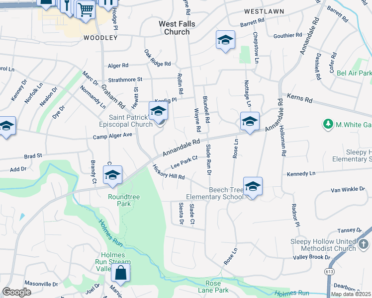 map of restaurants, bars, coffee shops, grocery stores, and more near 3275 Annandale Road in Falls Church