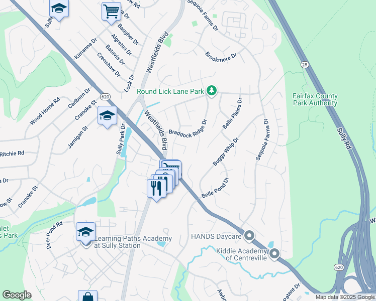 map of restaurants, bars, coffee shops, grocery stores, and more near 14603 Farm Pond Court in Centreville