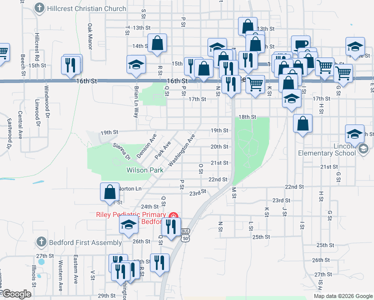 map of restaurants, bars, coffee shops, grocery stores, and more near 2032-2098 P Street in Bedford