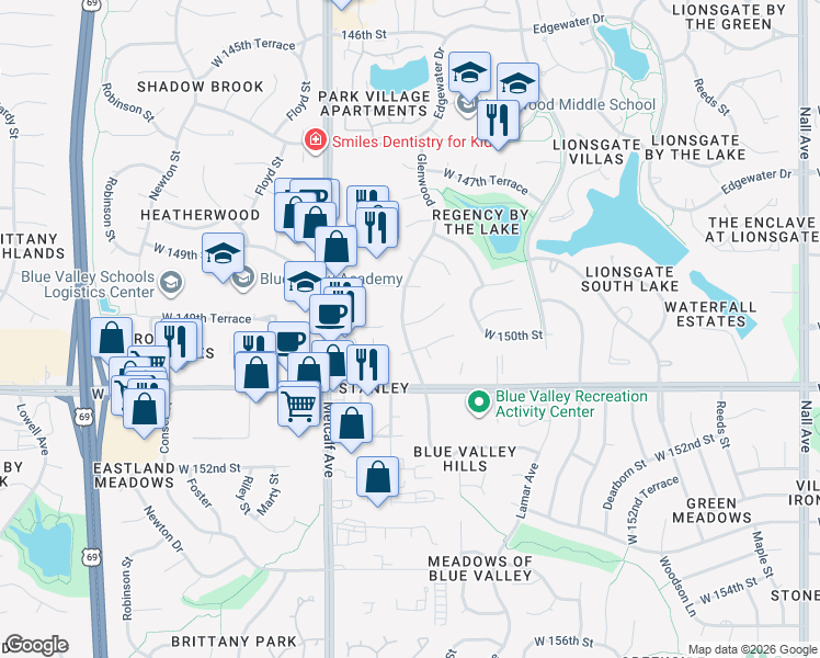 map of restaurants, bars, coffee shops, grocery stores, and more near 6702 West 150th Street in Overland Park