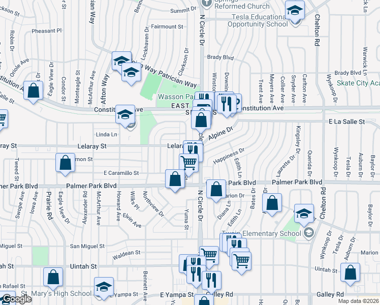 map of restaurants, bars, coffee shops, grocery stores, and more near 1616 North Circle Drive in Colorado Springs