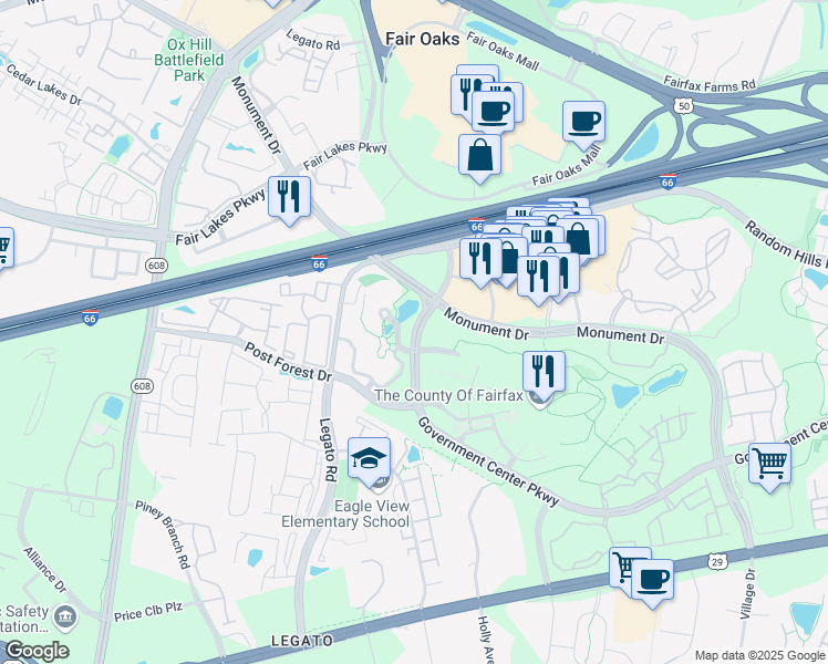 map of restaurants, bars, coffee shops, grocery stores, and more near 13000 Government Center Parkway in Fairfax