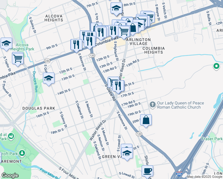 map of restaurants, bars, coffee shops, grocery stores, and more near 1511 South Glebe Road in Arlington