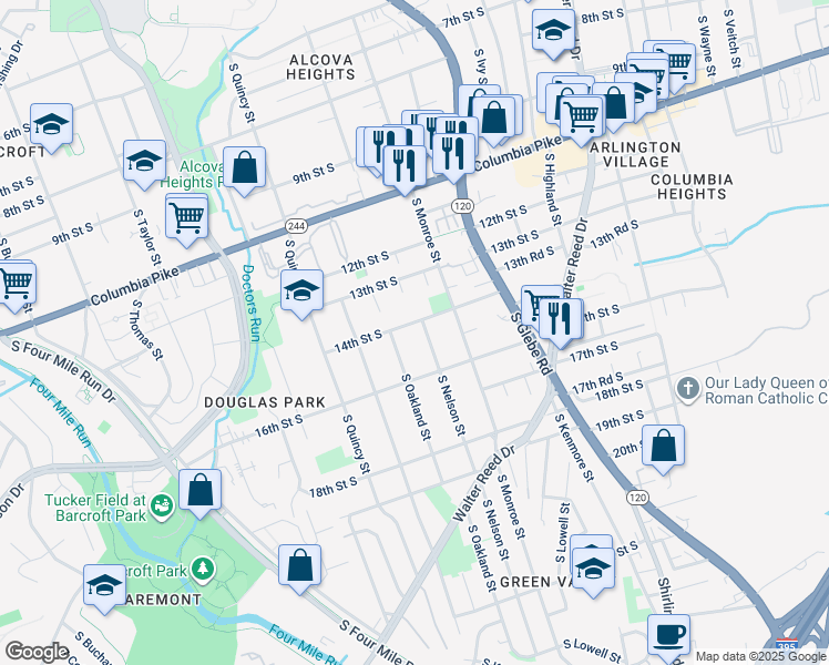 map of restaurants, bars, coffee shops, grocery stores, and more near 3706 14th Street South in Arlington