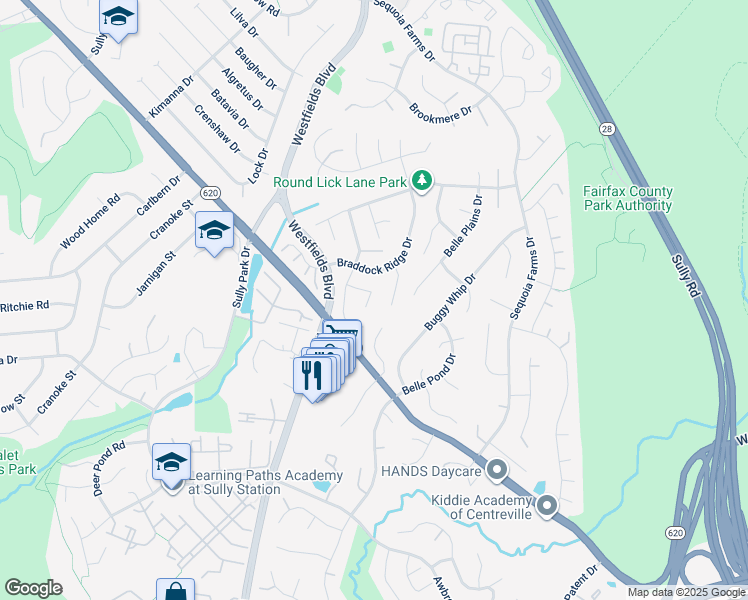 map of restaurants, bars, coffee shops, grocery stores, and more near 14603 Farm Pond Court in Centreville