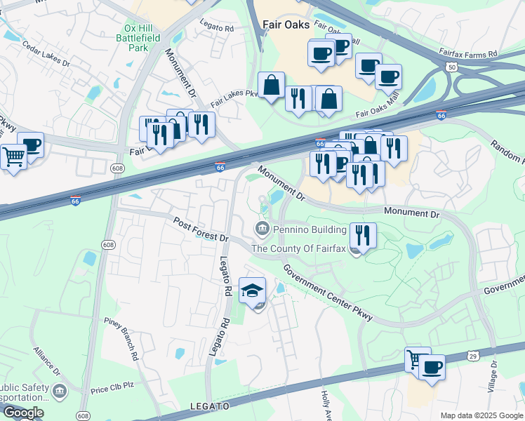 map of restaurants, bars, coffee shops, grocery stores, and more near in Fairfax