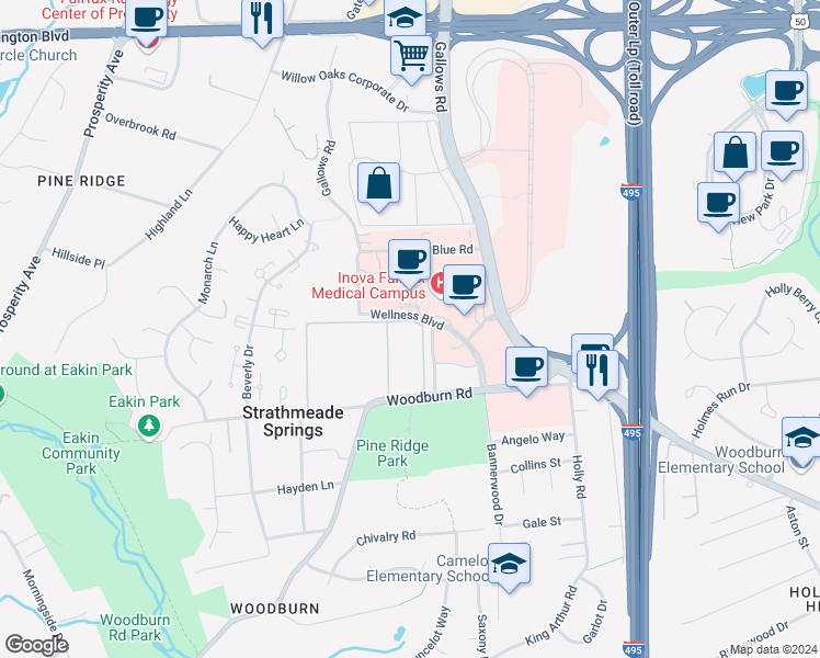 map of restaurants, bars, coffee shops, grocery stores, and more near 3374 Woodburn Road in Annandale