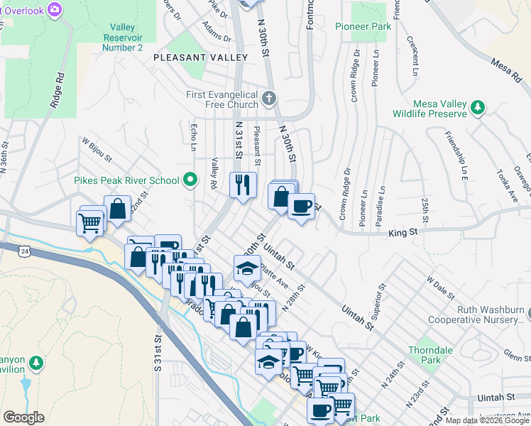 map of restaurants, bars, coffee shops, grocery stores, and more near 3007 West Saint Vrain Street in Colorado Springs