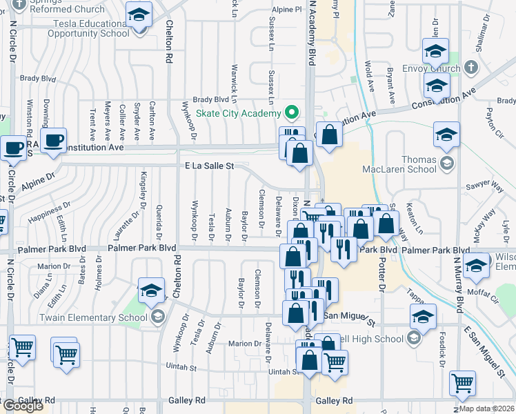 map of restaurants, bars, coffee shops, grocery stores, and more near 1623 Clemson Drive in Colorado Springs