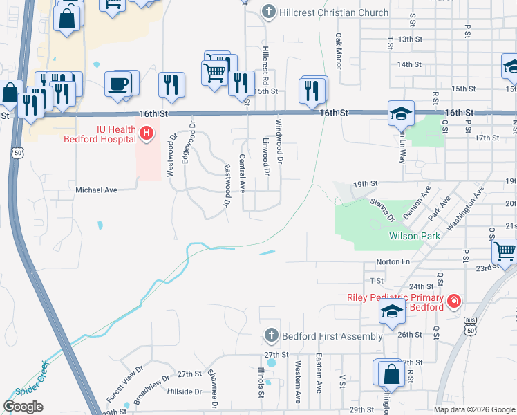 map of restaurants, bars, coffee shops, grocery stores, and more near 2-98 Oakwood Lane in Bedford
