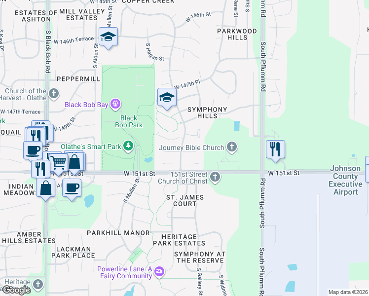 map of restaurants, bars, coffee shops, grocery stores, and more near 13931 West 150th Court in Olathe