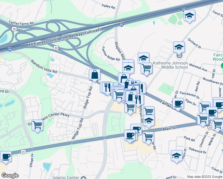 map of restaurants, bars, coffee shops, grocery stores, and more near 11320 Random Hills Road in Fairfax