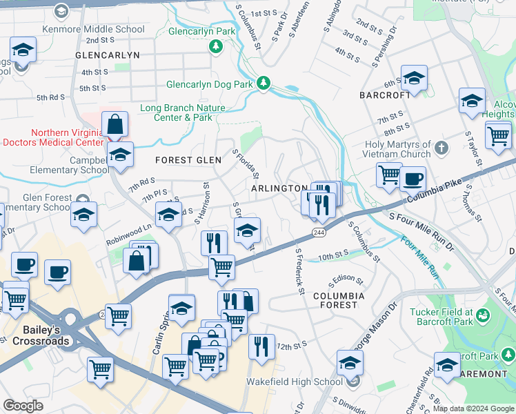 map of restaurants, bars, coffee shops, grocery stores, and more near 5216 8th Road South in Arlington