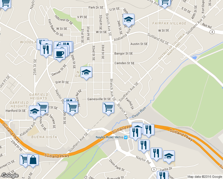 map of restaurants, bars, coffee shops, grocery stores, and more near 2801 Branch Avenue Southeast in Washington