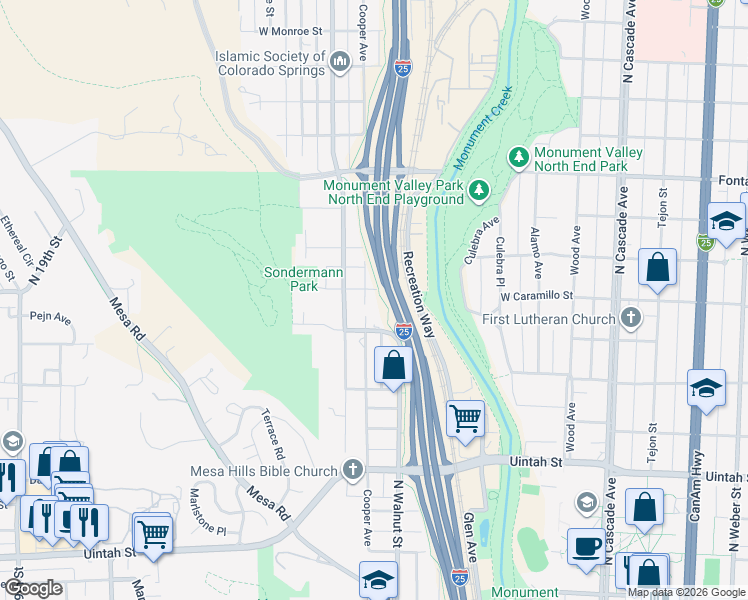 map of restaurants, bars, coffee shops, grocery stores, and more near 1520 Cooper Avenue in Colorado Springs