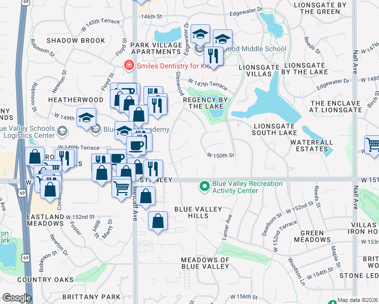 map of restaurants, bars, coffee shops, grocery stores, and more near 6627 West 150th Street in Overland Park