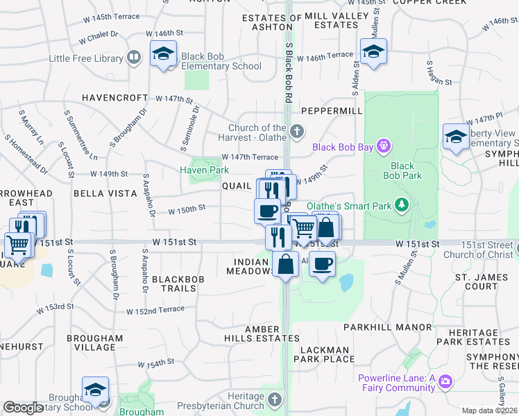 map of restaurants, bars, coffee shops, grocery stores, and more near 15060 South Black Bob Road in Olathe