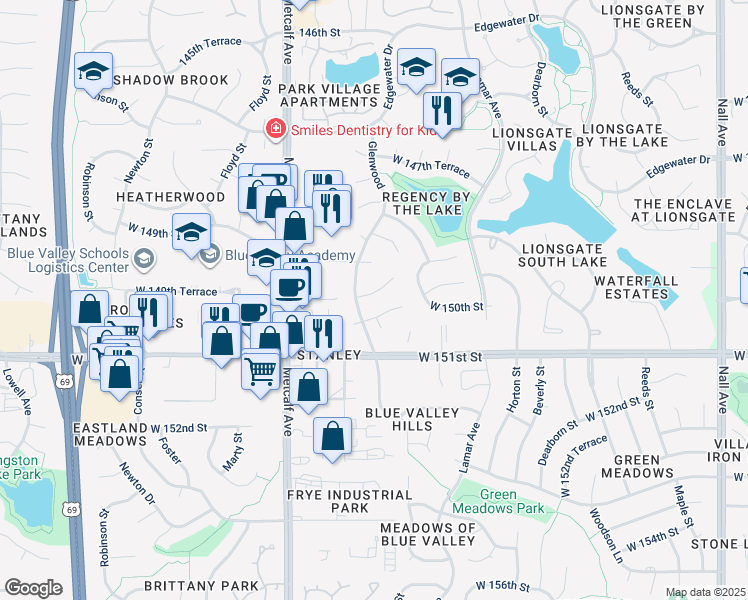 map of restaurants, bars, coffee shops, grocery stores, and more near 14945 Riggs Street in Overland Park