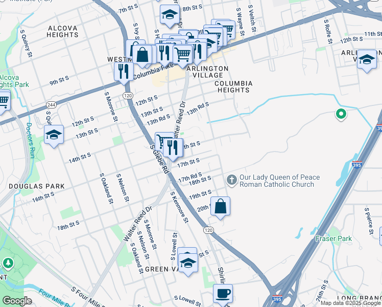 map of restaurants, bars, coffee shops, grocery stores, and more near 3001 16th Road South in Arlington