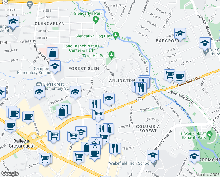 map of restaurants, bars, coffee shops, grocery stores, and more near 5224 8th Road South in Arlington