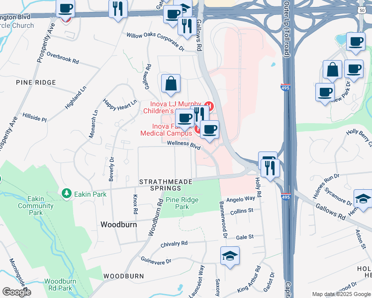 map of restaurants, bars, coffee shops, grocery stores, and more near 3374 Woodburn Road in Annandale