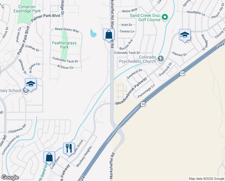 map of restaurants, bars, coffee shops, grocery stores, and more near 1779 Marksheffel Road in Colorado Springs