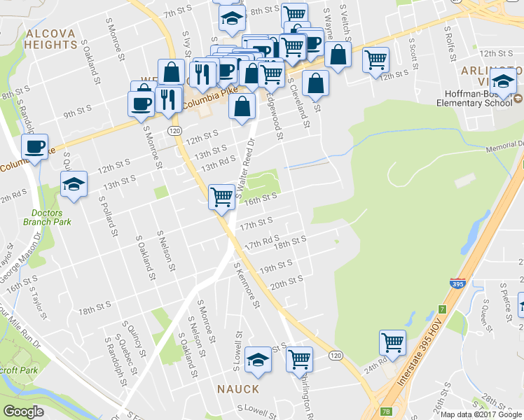 map of restaurants, bars, coffee shops, grocery stores, and more near 3001 16th Road South in Arlington