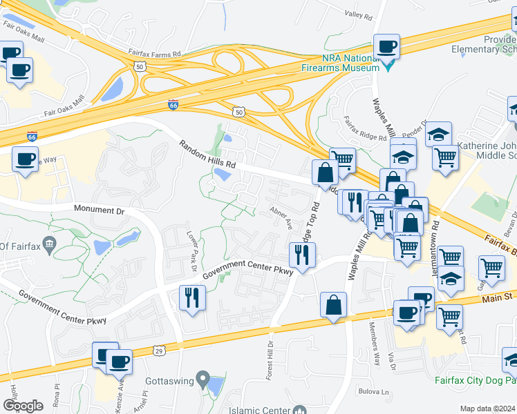 map of restaurants, bars, coffee shops, grocery stores, and more near 11482 Rothbury Square in Fairfax