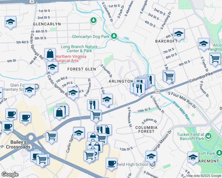 map of restaurants, bars, coffee shops, grocery stores, and more near 5216 8th Road South in Arlington