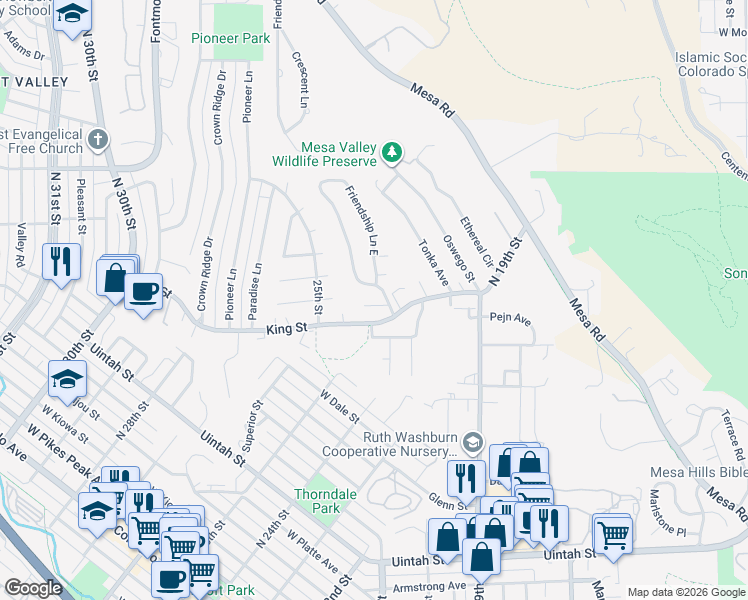 map of restaurants, bars, coffee shops, grocery stores, and more near 2207 Friendship Circle in Colorado Springs