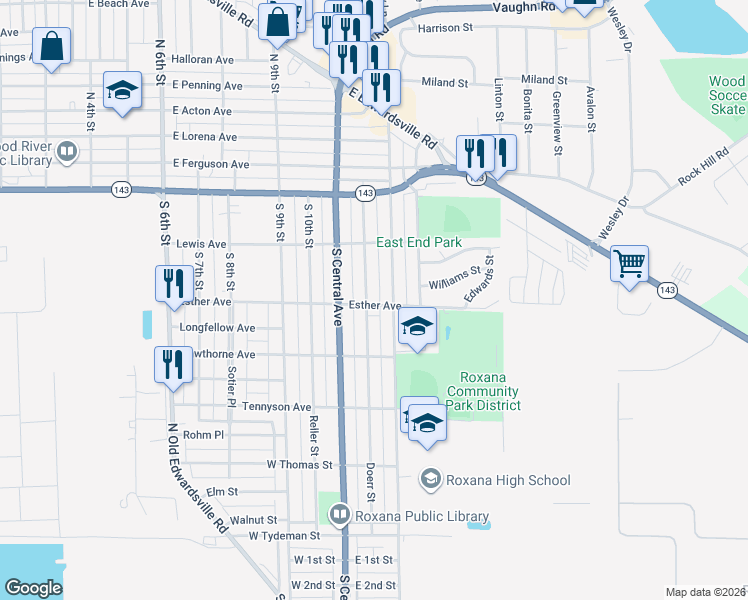 map of restaurants, bars, coffee shops, grocery stores, and more near 306 South 12th Street in Wood River