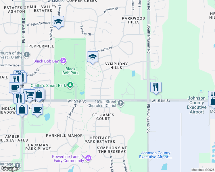 map of restaurants, bars, coffee shops, grocery stores, and more near 13931 West 150th Court in Olathe
