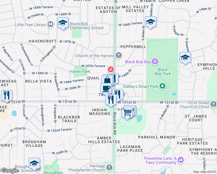 map of restaurants, bars, coffee shops, grocery stores, and more near 15060 South Black Bob Road in Olathe