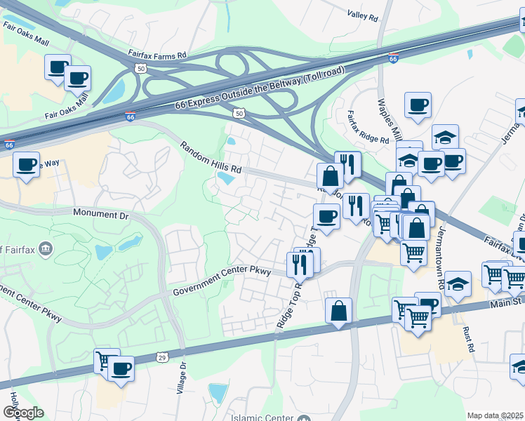 map of restaurants, bars, coffee shops, grocery stores, and more near 11482 Rothbury Square in Fairfax