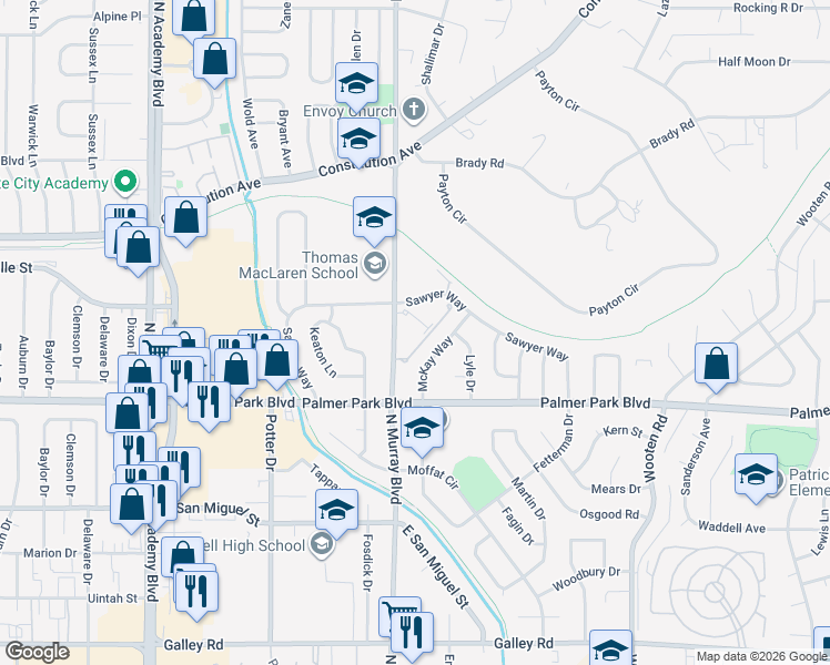 map of restaurants, bars, coffee shops, grocery stores, and more near 1534 McKay Way in Colorado Springs