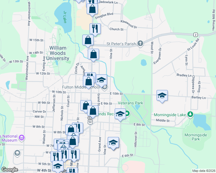 map of restaurants, bars, coffee shops, grocery stores, and more near 501 East 10th Street in Fulton