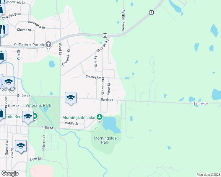map of restaurants, bars, coffee shops, grocery stores, and more near 1301-1307 Osage Lane in Fulton