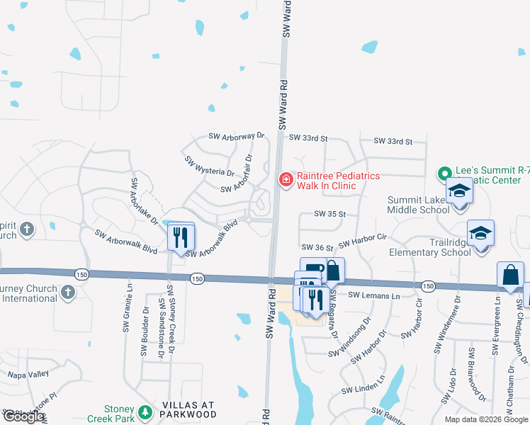 map of restaurants, bars, coffee shops, grocery stores, and more near 3500 Southwest Wysteria Terrace in Lee's Summit