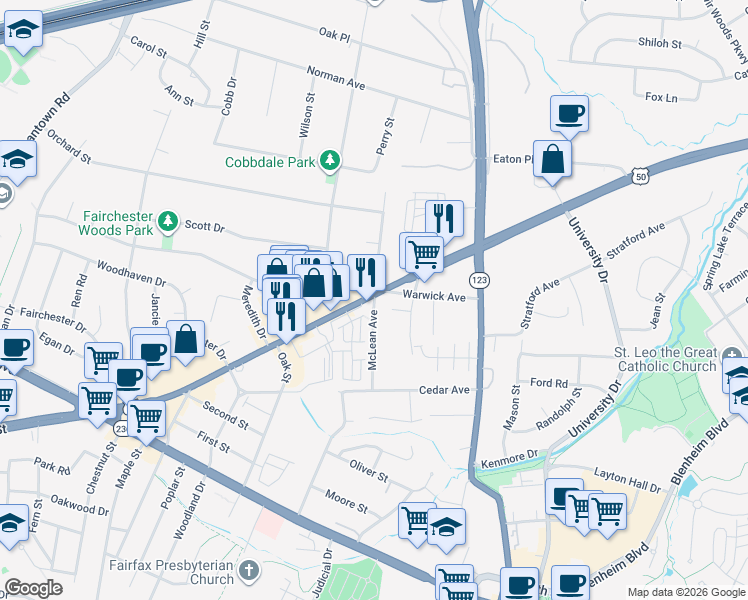 map of restaurants, bars, coffee shops, grocery stores, and more near 3705 McLean Avenue in Fairfax