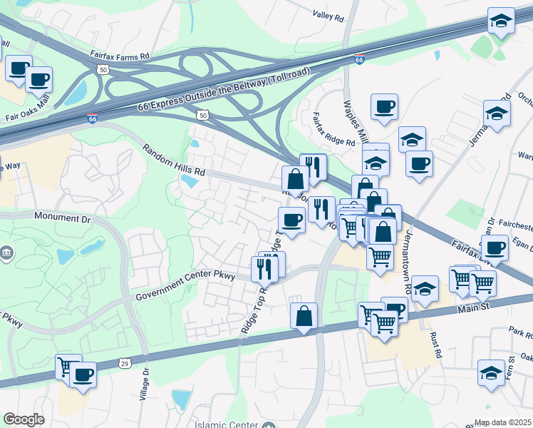 map of restaurants, bars, coffee shops, grocery stores, and more near 4131 Fountainside Lane in Fairfax