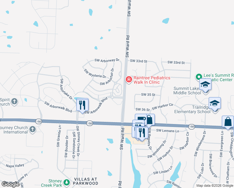 map of restaurants, bars, coffee shops, grocery stores, and more near 3500 Southwest Wysteria Terrace in Lee's Summit