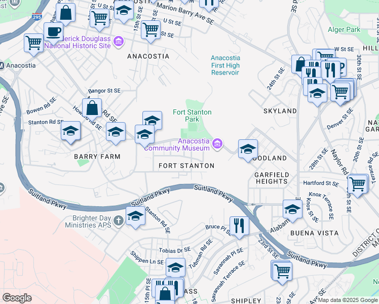 map of restaurants, bars, coffee shops, grocery stores, and more near 2413 18th Street Southeast in Washington