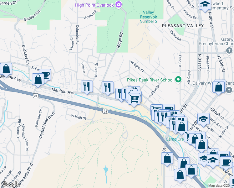 map of restaurants, bars, coffee shops, grocery stores, and more near 3436 Colorado Avenue in Colorado Springs