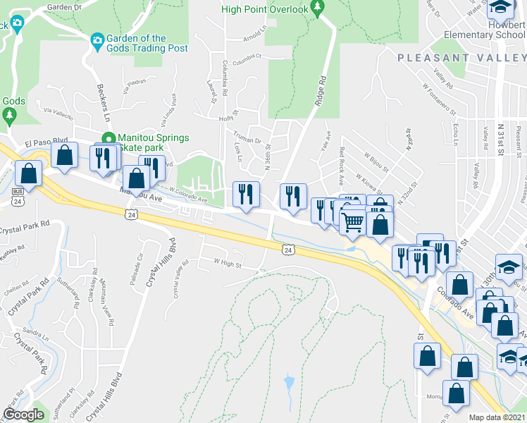 map of restaurants, bars, coffee shops, grocery stores, and more near 3625 West Colorado Avenue in Colorado Springs
