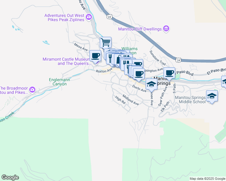 map of restaurants, bars, coffee shops, grocery stores, and more near 410 Uinta Road in Manitou Springs