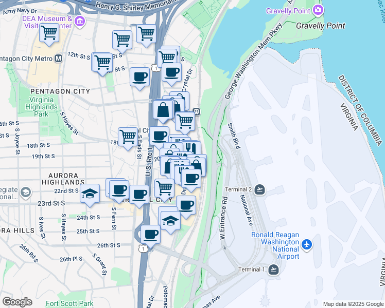 map of restaurants, bars, coffee shops, grocery stores, and more near 1805 Crystal Drive in Arlington