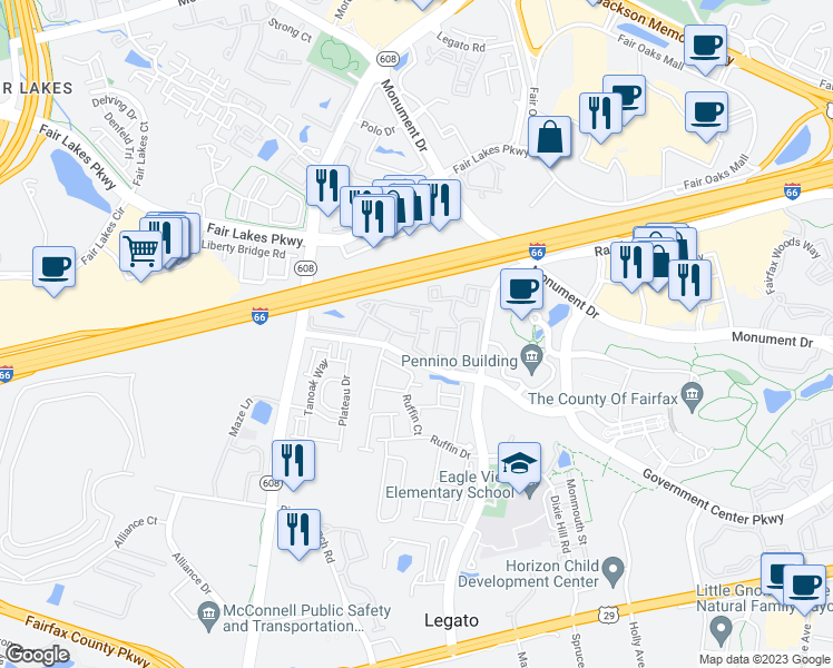map of restaurants, bars, coffee shops, grocery stores, and more near 0 Fairfax Meadows Circle in Fairfax